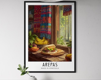 Arepas Poster - Venezuelan Food Wall Art, Venezuela Food Art, Kitchen Decor, South American Street Food Print, Arepas Illustration