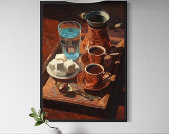 Impression d'art de café turc - peinture de café, décoration de cuisine du Moyen-Orient, art mural d'Istanbul, oeuvre d'art de café de dinde, cadeau pour amateur de café
