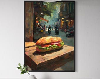 Banh Mi Vietnamese Sandwich Art - Painterly Hanoi Street Scene, Vietnam Food Illustration, Southeast Asia Kitchen Decor, Hanoi Old Quarter