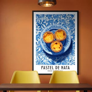 Illustration of Portuguese pastel de nata custard tarts arranged on a blue ceramic plate, with traditional blue azulejo tiles in the background, bright clean poster style.