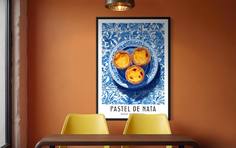 Illustration of Portuguese pastel de nata custard tarts arranged on a blue ceramic plate, with traditional blue azulejo tiles in the background, bright clean poster style.