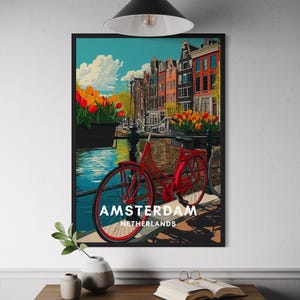 Amsterdam Poster - Red Bike Wall Art, Dutch Canal Print, Tulip Flower Art, Netherlands Travel Decor, European City Illustration, Gift Idea