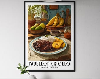 Pabellón Criollo Venezuelan Food Poster - Traditional Latin American Dish Wall Art, Venezuelan Cuisine Print, Kitchen Decor, South American