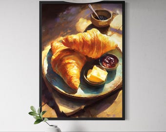 Croissant French Breakfast Poster - France Cafe, Parisian Wall Art, Kitchen Decor, Continental Breakfast Food Print, European Food Painting