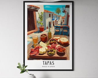 Spanish Tapas Poster - Traditional Spain Food Wall Art, Barcelona Kitchen Decor, Mediterranean Cuisine Print, Spanish Appetizer Illustration