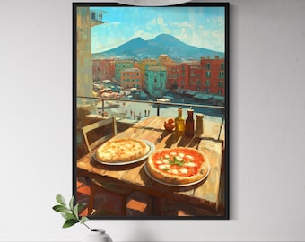 Margherita Pizza in Naples Poster - Italian Food Painting, Scenic Neapolitan, Rustic Kitchen Wall Art, Mount Vesuvius, Europe Food Artwork