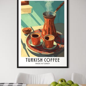 Illustrated travel poster of Turkish coffee, showing a traditional cup and saucer with Turkish coffee, warm tones, and subtle Middle Eastern details in a bright, stylized vector art style.