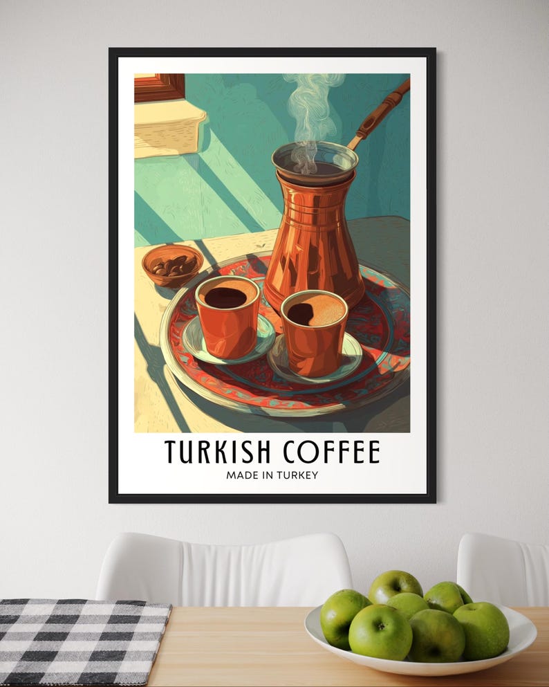 Illustrated travel poster of Turkish coffee, showing a traditional cup and saucer with Turkish coffee, warm tones, and subtle Middle Eastern details in a bright, stylized vector art style.