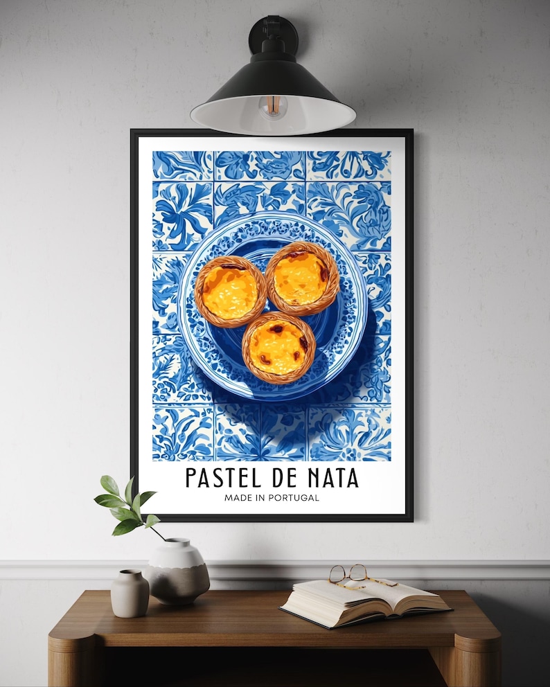 Illustration of Portuguese pastel de nata custard tarts arranged on a blue ceramic plate, with traditional blue azulejo tiles in the background, bright clean poster style.
