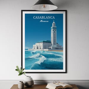 Casablanca Morocco Travel Poster - Hassan II Mosque Wall Art, Atlantic Coast Print, North Africa Cityscape, Moroccan Architecture Artwork