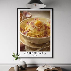 Carbonara pasta poster - Italiaanse keuken kunst aan de muur, rustieke eten print, klassieke spaghetti Carbonara decor, Italiaanse kookkunstwerk, foodie lover