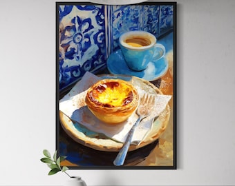 Pastel de Nata Portuguese Custard Tart Poster - Painterly Style, Blue Azulejos Tile Wall Art, Bakery Decor, Lisbon Dessert Print, Europe Art