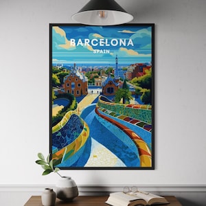 Barcelona Poster – Park Güell Wall Art Print, Gaudí Mosaic Design, Colorful Spain Travel Decor, Modernist Architecture Artwork, Europe