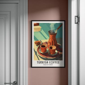 Illustrated travel poster of Turkish coffee, showing a traditional cup and saucer with Turkish coffee, warm tones, and subtle Middle Eastern details in a bright, stylized vector art style.