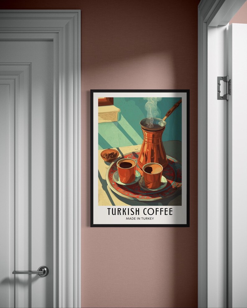 Illustrated travel poster of Turkish coffee, showing a traditional cup and saucer with Turkish coffee, warm tones, and subtle Middle Eastern details in a bright, stylized vector art style.