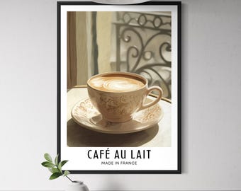 Café au Lait Poster - French Coffee Wall Art, Paris Kitchen Decor, French Food Art Print, France Café Illustration, Modern Coffee Artwork