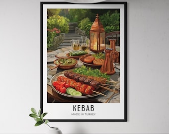 Turkse kebab poster – Turks eten muurkunst, print gegrilde vleesspiesjes, Midden-Oosterse mediterrane keuken kunstwerk, Türkiye reiscadeau
