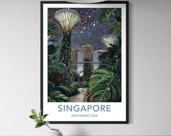 May include: A framed art print featuring a nighttime scene of Singapore's Supertree Grove. The artwork showcases illuminated tree-like structures amidst lush greenery and a starry sky. The word "SINGAPORE" is printed at the bottom, with "SOUTHEAST ASIA" below it.