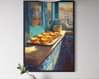 Pastel de Nata Portuguese Custard Tart Poster - Painterly Style, Blue Azulejos Tile Wall Art, Bakery Decor, Lisbon Dessert Print, Europe Art