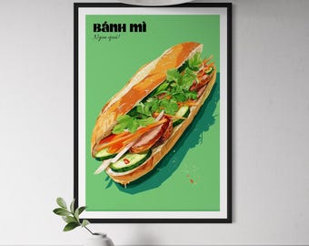 Póster del sándwich vietnamita Bánh Mì - Arte mural de comida callejera deliciosa, decoración de cocina vietnamita, lámina de comida asiática, arte de la cocina vietnamita, viajes