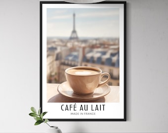 Café au Lait Poster - French Coffee Wall Art, Paris Kitchen Decor, Eiffel Tower Art Print, France Café Illustration, Modern Coffee Artwork
