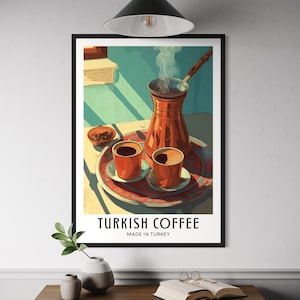 Illustrated travel poster of Turkish coffee, showing a traditional cup and saucer with Turkish coffee, warm tones, and subtle Middle Eastern details in a bright, stylized vector art style.