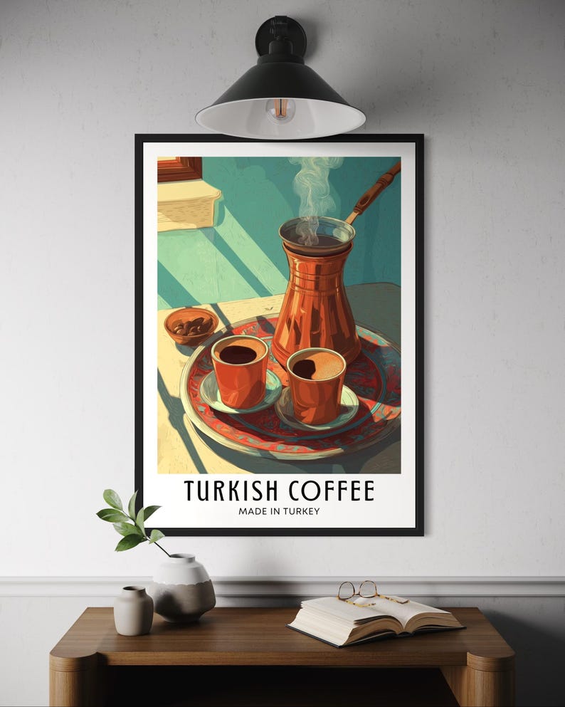 Illustrated travel poster of Turkish coffee, showing a traditional cup and saucer with Turkish coffee, warm tones, and subtle Middle Eastern details in a bright, stylized vector art style.