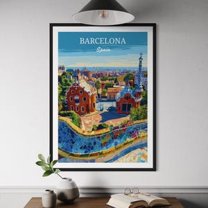 Barcelona Poster – Park Güell Wall Art Print, Gaudí Mosaic Design, Colorful Spain Travel Decor, Modernist Architecture Artwork, Europe