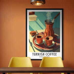 Illustrated travel poster of Turkish coffee, showing a traditional cup and saucer with Turkish coffee, warm tones, and subtle Middle Eastern details in a bright, stylized vector art style.