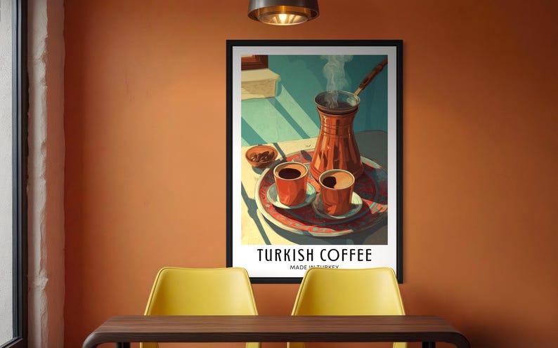 Illustrated travel poster of Turkish coffee, showing a traditional cup and saucer with Turkish coffee, warm tones, and subtle Middle Eastern details in a bright, stylized vector art style.