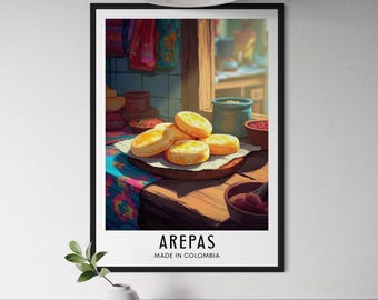 Arepas Colombia Food Poster - Traditional Cornmeal Flatbread Wall Art, Colombian Travel Street Food Print, Latin American Kitchen Decor