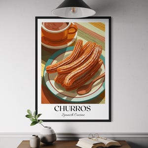 Churros Poster - Spanish Dessert Wall Art, Fried Dough Pastry Print, Hot Chocolate Dipping Sauce, Kitchen Decor, Sweet Treat Illustration