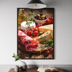 Könnte beinhalten: Gerahmter Kunstdruck eines Charcuterie-Bretts mit verschiedenen Käsesorten, Wurstwaren, Oliven und Tomaten. Das Kunstwerk hat eine warme Farbpalette und eine rustikale Ästhetik. Eine Flasche Olivenöl ist im Hintergrund zu sehen.
