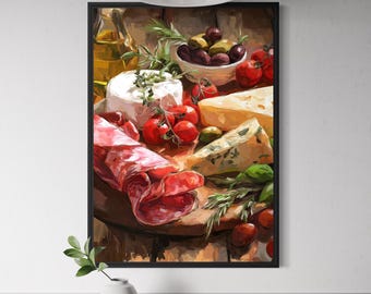 French Cheese Platter Art Print – Painterly Charcuterie Board Poster, Kitchen Wall Decor, French Food Artwork, Europe Food Illustration