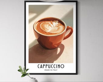 Cappuccino Poster - Italian Coffee Wall Art, Kitchen Decor, Barista Illustration, Italy Café Artwork, Europe Food Art Print, Italian Cuisine