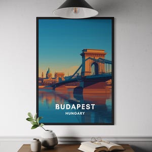 Budapest Hungary Travel Poster – Chain Bridge Wall Art with Basilica View, City Landmark Print, European Architecture Home Decor