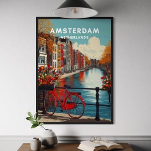 Amsterdam Poster - Autumn Canal Bike Print, Dutch City Wall Art, Netherlands Travel Decor, Tulips Illustration, Autumn Scene, Gift Idea