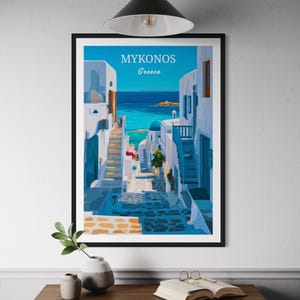 Mykonos Greece Travel Poster – Scenic Greek Island Wall Art with Blue Sea View & White Streets, Mediterranean Coastal Print, European Art