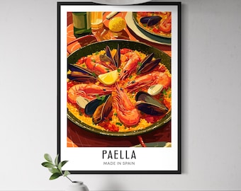 Paella Spanish Food Poster - Traditional Seafood Rice Dish Wall Art, Spanish Kitchen Decor, Mediterranean Cuisine Print, Spain Food Art