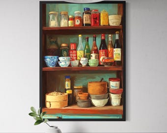 Chinese Kitchen Shelf Art - Asian Pantry Wall Print, China Food Decor, Cultural Cooking Artwork, Kitchen Scene Poster, Bamboo Steamers