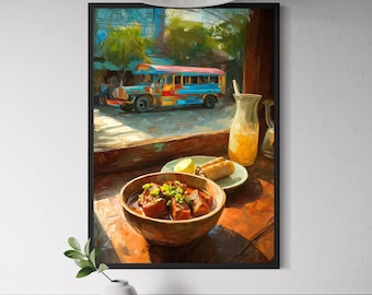 May include: A framed artwork depicts a vibrant scene of a colorful bus, a bowl of food, and a drink. The artwork is set on a wooden table with a vase and a book. The food appears to be a stew with green garnish, and the drink is in a glass pitcher.