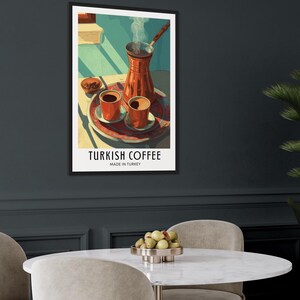 Illustrated travel poster of Turkish coffee, showing a traditional cup and saucer with Turkish coffee, warm tones, and subtle Middle Eastern details in a bright, stylized vector art style.