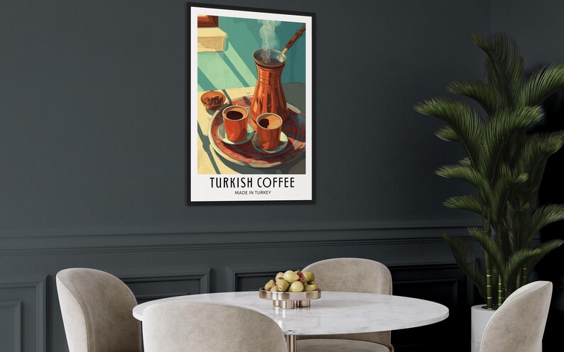 Illustrated travel poster of Turkish coffee, showing a traditional cup and saucer with Turkish coffee, warm tones, and subtle Middle Eastern details in a bright, stylized vector art style.