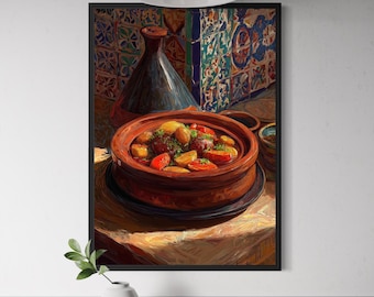 Tagine Moroccan Food Art Print - North African Kitchen Wall Decor, Tagine Painting, Moroccan Tile Art, Kitchen Poster, Middle Eastern Food