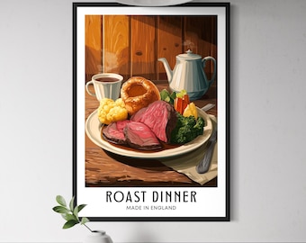 ローストディナーのウォールアート - 伝統的なサンデーランチのプリント、イギリス料理のキッチンデコレーション、イギリスの家庭料理のイラスト、ヨーロッパ料理のアートワーク