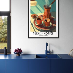 Illustrated travel poster of Turkish coffee, showing a traditional cup and saucer with Turkish coffee, warm tones, and subtle Middle Eastern details in a bright, stylized vector art style.