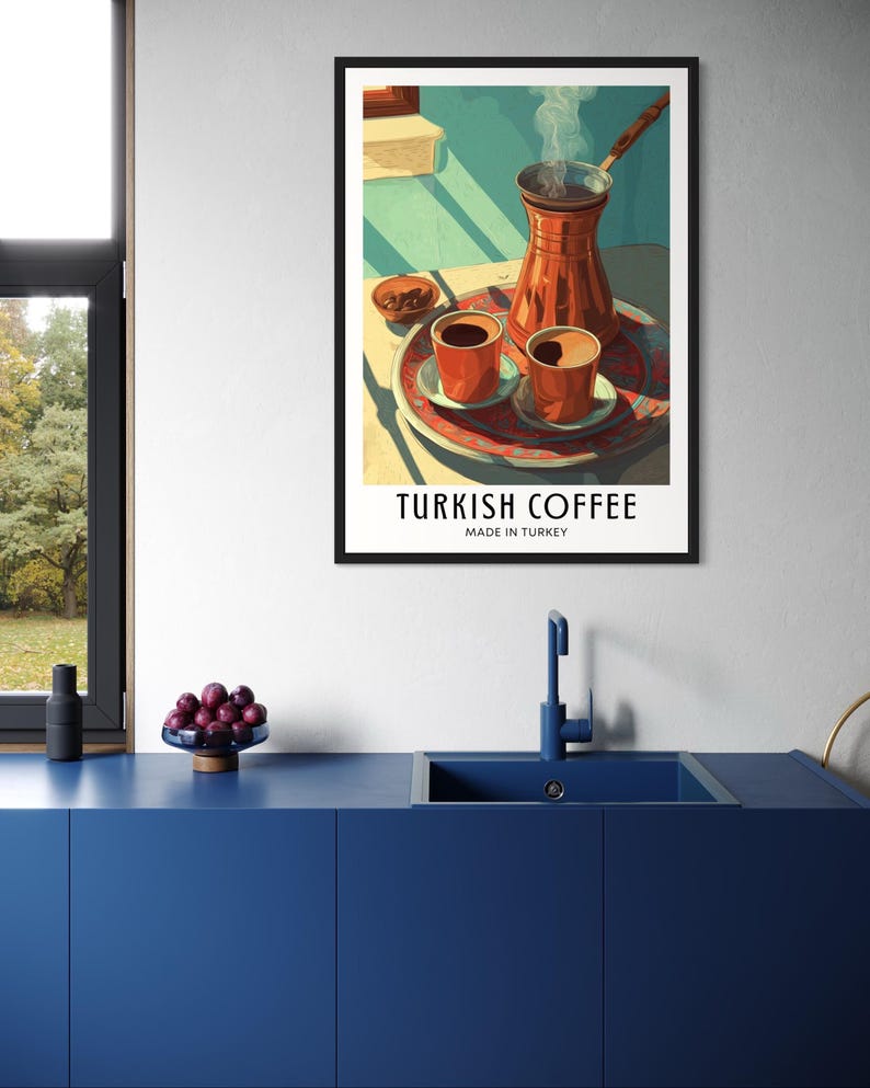 Illustrated travel poster of Turkish coffee, showing a traditional cup and saucer with Turkish coffee, warm tones, and subtle Middle Eastern details in a bright, stylized vector art style.