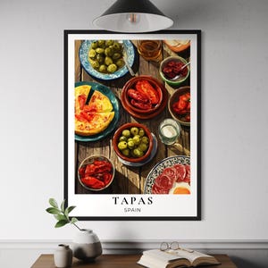 Spanish Tapas Poster - Traditional Spain Food Wall Art, Barcelona Kitchen Decor, Mediterranean Cuisine Print, Spanish Appetizer Illustration