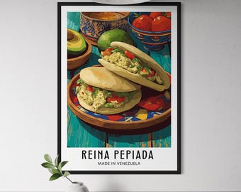 Reina Pepiada Arepas Poster - Venezuelan Chicken & Avocado Arepa Wall Art, Latin Food Illustration, South American Print, Kitcehn Decor