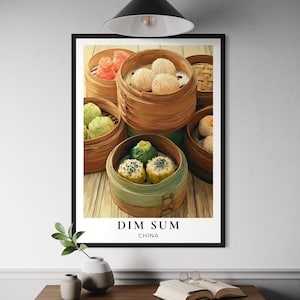 Dim Sum Food Poster – Chinese Dumplings Wall Art, Bold Asian Kitchen Print, Travel-Inspired Vector Art for Dining Room or Foodie Gift